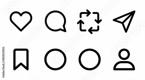 Set of 8 outline social media icons on a clean white background, concept for UI/UX design, mobile app development and digital marketing campaigns