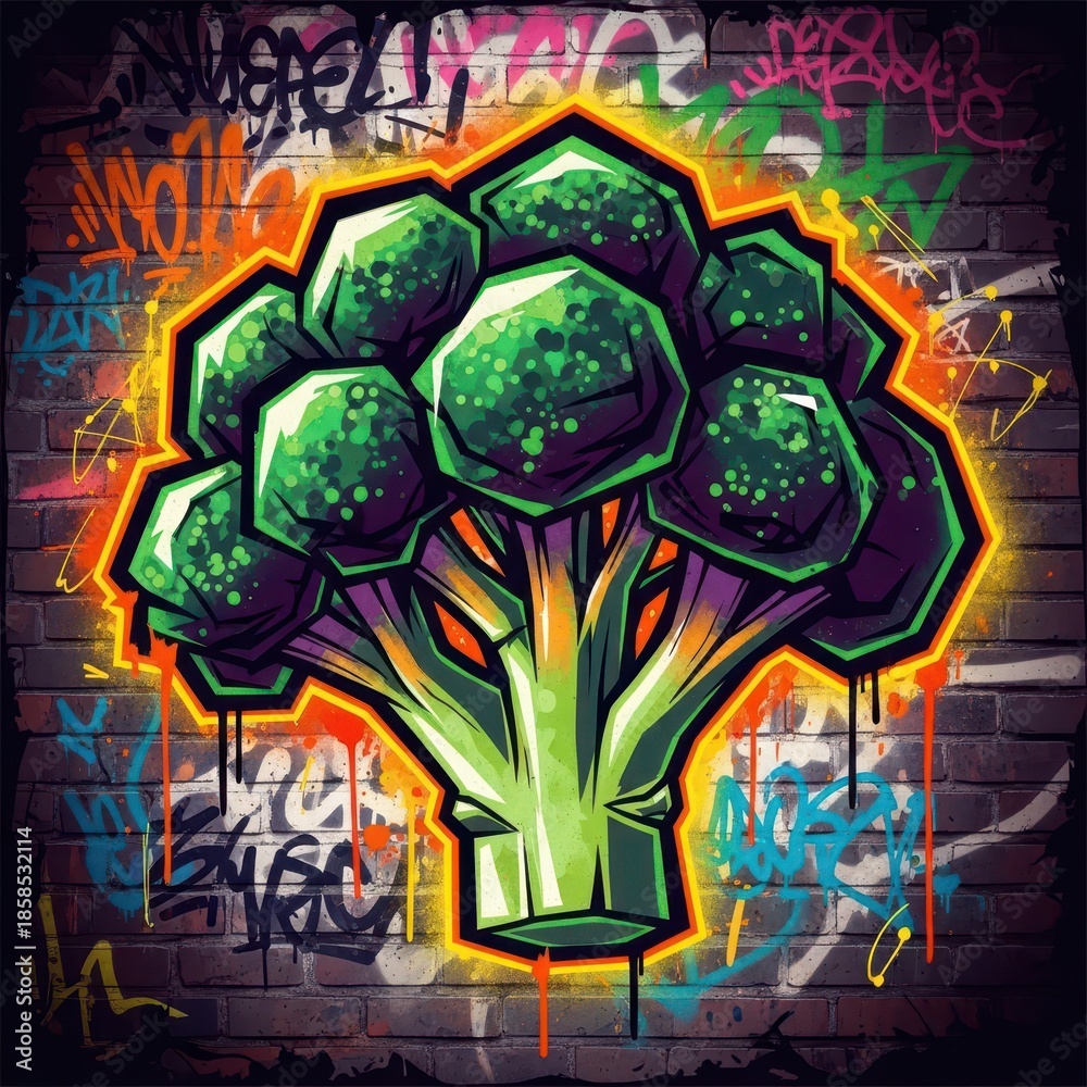 Obraz premium Vibrant graffiti artwork of a stylized vegetable head on a weathered brick surface