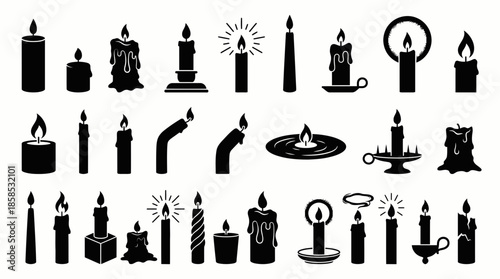Set of diverse burning candle black silhouettes and icons showing various shapes, melting wax and flickering flames, concept for festive decoration, religious rituals and vector graphic elements
