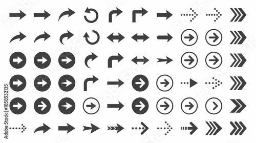 Set of 64 black universal arrow icons in different shapes and styles for web navigation, interface design, concept for website design, user interface development and infographic creation