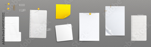 Paper and clips stationery set with sticky notes and memo pads. Office collection with realistic pushpins, notepad sheets and binder clips. Vector bulletin board elements with adhesive labels.