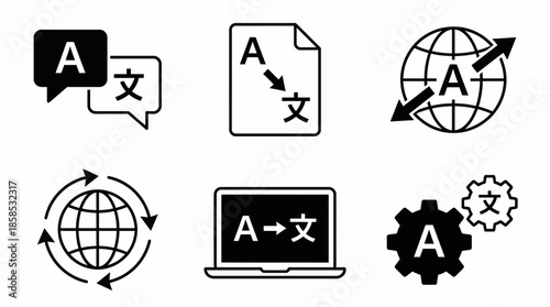 Set of six glyph icons showing translation processes for chat, documents and global settings, concept for multilingual application design, international communication and technology development