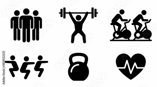 Collection of detailed black vector icons illustrating fitness activities like weightlifting, cardio and group training, concept for workout apps, fitness center design and health promotion campaigns