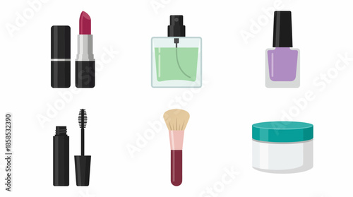 Detailed vector collection of six essential beauty products including makeup and skincare items, concept for e-commerce website design, retail branding and beauty industry promotion
