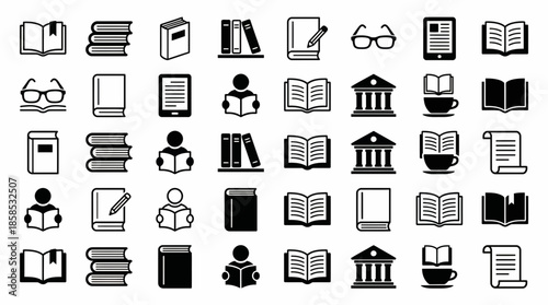 Extensive grid of book and reading glyph icons including library, e-reader, glasses and student symbols, concept for educational materials, literary design and interface development