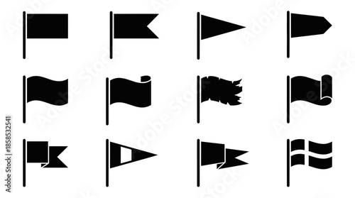 Set of 12 black flag vector icons displaying various shapes, pennants and waving styles on a white background, concept for web design, application interfaces and navigation symbols