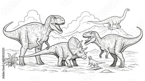 A diverse group of dinosaurs depicted in a line drawing style, set against a prehistoric landscape.