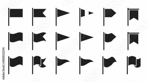 Collection of various black flag and pennant icons set on poles in flat and waving styles, isolated on white background, concept for location markers, nautical symbols and achievement badges