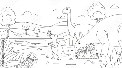 Cute cartoon dinosaur family in a prehistoric landscape, line art coloring page
