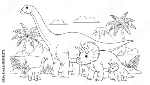 Cute cartoon dinosaurs family coloring page, prehistoric landscape, volcanoes, palm trees