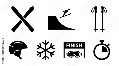 Collection of black winter sports glyph icons showing crossed skis, ski jump, poles, helmet, finish gate and snowflake, concept for application design, athletic web pages and seasonal promotion assets