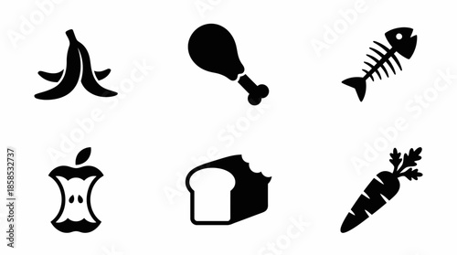 Black icons set of organic food waste: banana peel, chicken bone, fish skeleton, apple core, bread crust and carrot, concept for waste management, recycling signage and composting guides