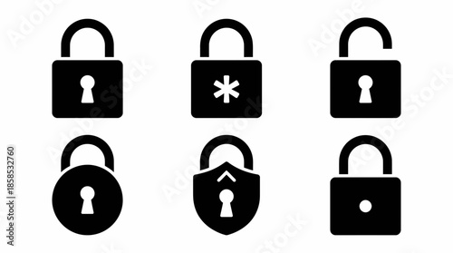 Set of six vector security padlock icons in black silhouette showing locked and unlocked states on a white background, concept for cyber safety, private authentication and web privacy