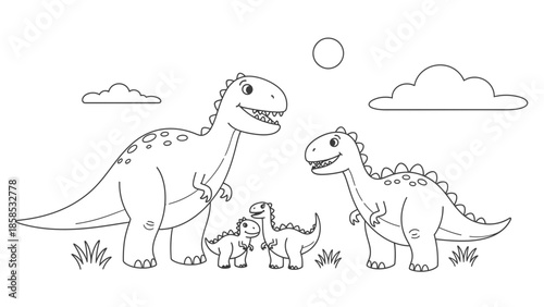 Cute Dinosaur Family Coloring Page, Tyrannosaurus Rex, Kids Drawing Style, Vector Illustration