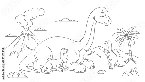 Dinosaur Family Coloring Page: Brontosaurus Mother with Babies and Volcano