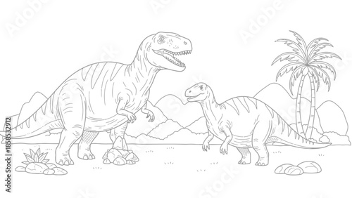 Line Art Dinosaur Scene: Tyrannosaurus Rex and Iguanodon with Palm Trees and Mountains