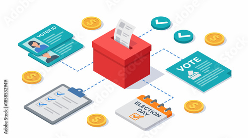 Isometric illustration of the voting election process with ballot box, IDs and calendar, concept for political campaign strategy, government infographics and civic education
