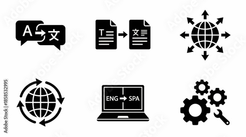 Six black vector icons representing digital translation, global network connection and technical service management, concept for language apps, worldwide communication and system support