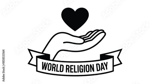 World Religion Day minimal icon design with heart and open hands symbol representing faith unity compassion and religious harmony isolated on white background