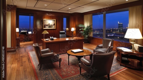 Executive Office. Elegant and Sophisticated Work Environment, executive office with high-end furnishings and a sophisticated ambiance.