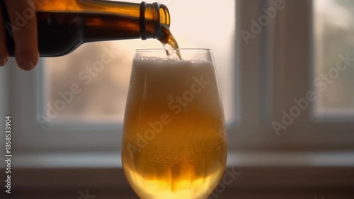 Hand Pouring Golden Beer into Wine Glass