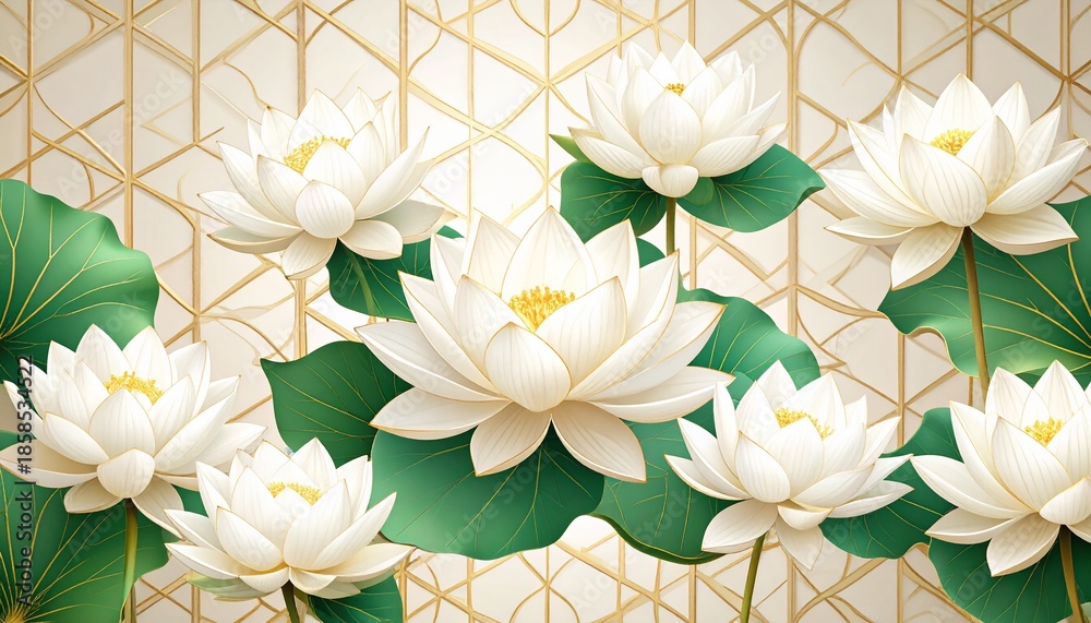 Obraz premium White lotus flowers with green leaves on geometric gold background