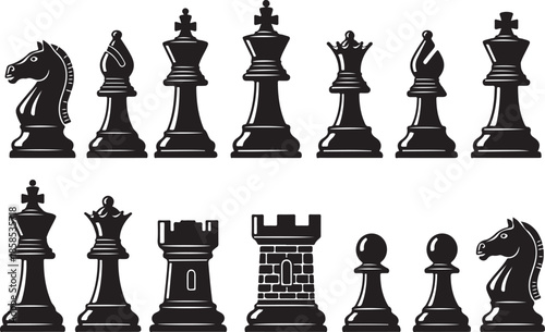 Chess Pieces Silhouettes - Flat Design Icons for Strategy and Business - strategy, game, board game, competition, tournament, symbol, sign, isolated, background, business, success, leadership, challen