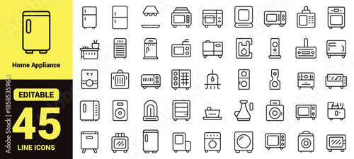 Set of Minimalist Home Appliance Line Icons Featuring Kitchen Electronics, Laundry Machines, Refrigerator, Microwave, and Household Tools