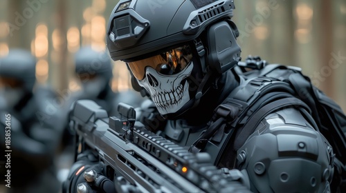 Special forces soldier wearing skull mask holding black rifle in advance suit
