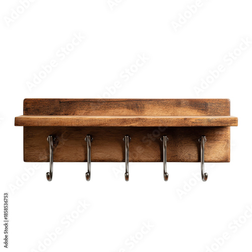 Wooden wall shelf with hooks for hanging items