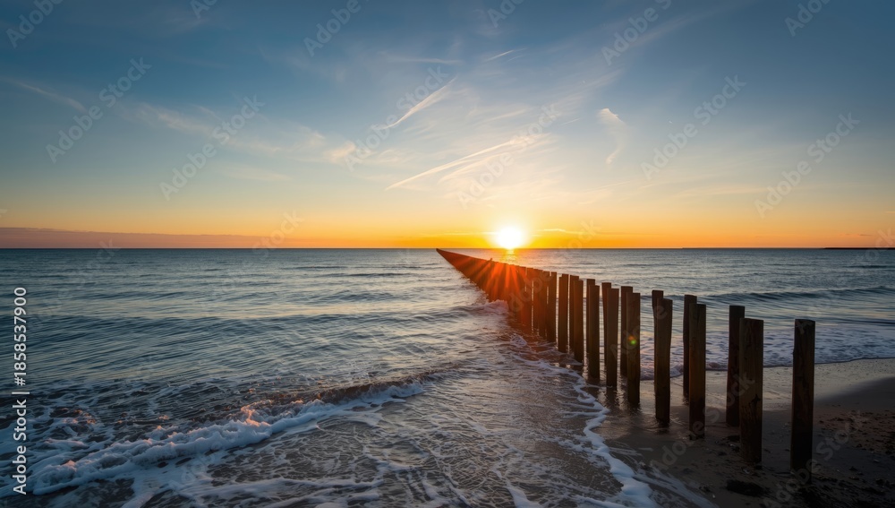 Obraz premium Early daylight illuminating wooden spur dykes along the North Sea coast in Zeeland, erosion control measures