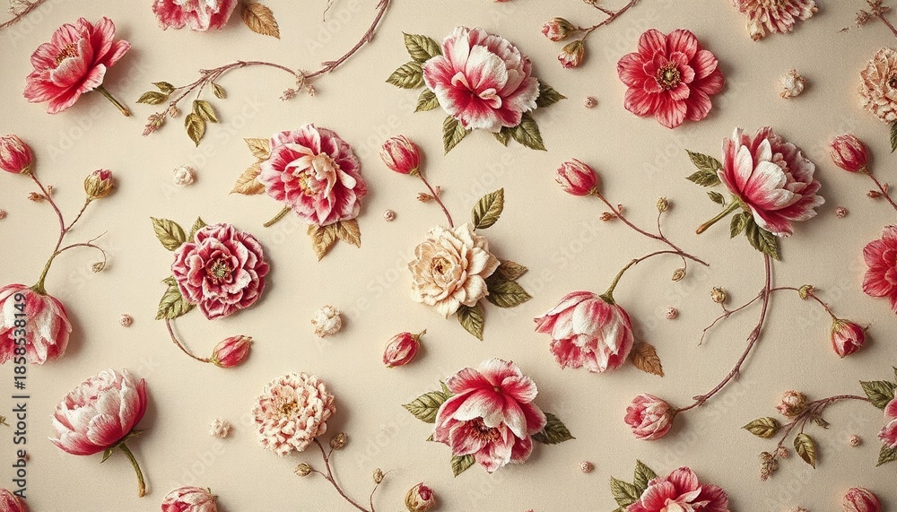 Fototapeta premium Floral pattern with pink and cream roses on beige background 