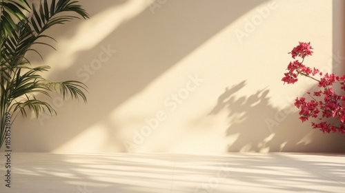Beige wall with shadows and plants in a minimalist interior