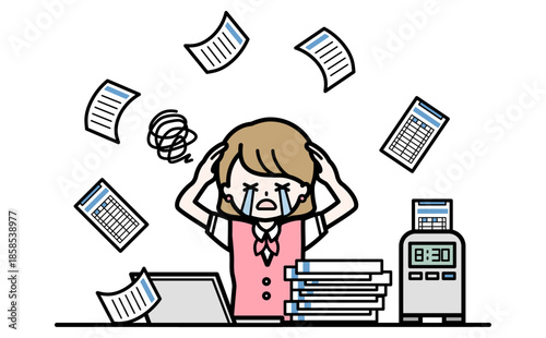 勤怠管理の仕事が大変で忙しくて泣く女性のイラスト