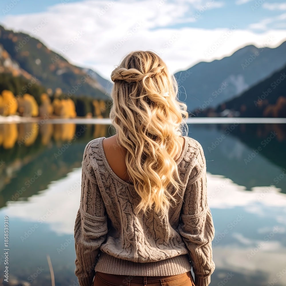 Fototapeta premium Woman with blonde hair stands before a calm lake, mountain backdrop, wearing a sweater and pants