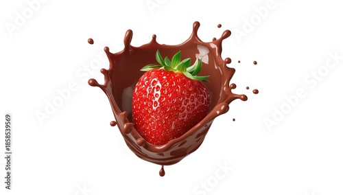Fresh strawberry dipped in chocolate with splashes on a white background, suitable for food presentation or layout