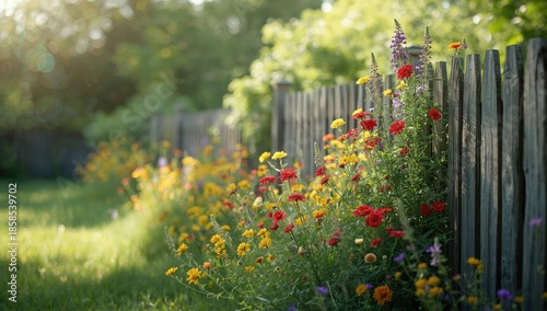 Vivid blossoms blooming adjacent to a rustic wooden fence, used for landscaping accents