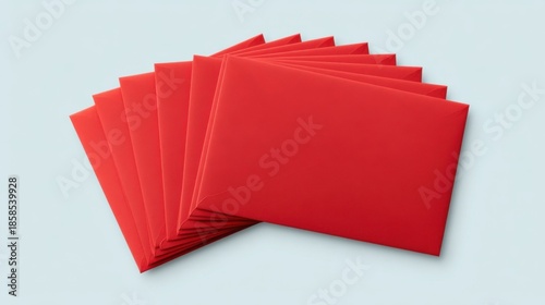 Stacked vibrant red envelopes overlap elegantly on a light background,