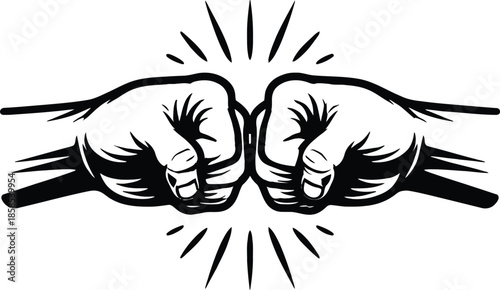 Double Fist Bump with Radiating Impact Line Art Illustration Isolated on White