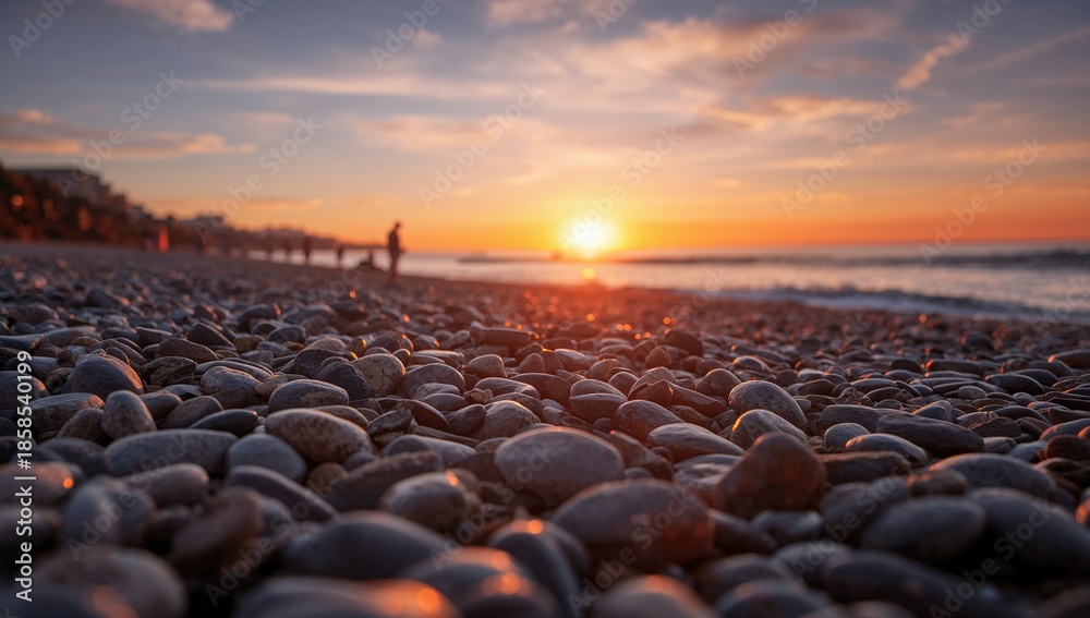 Obraz premium Evening scene on a rocky shoreline with soft focus background, highlighting natural landscape features