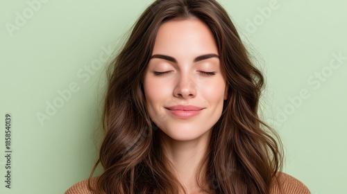 Young woman with long brown hair and closed eyes smiling softly against light green background, expressing calm and relaxation with smooth skin and natural makeup