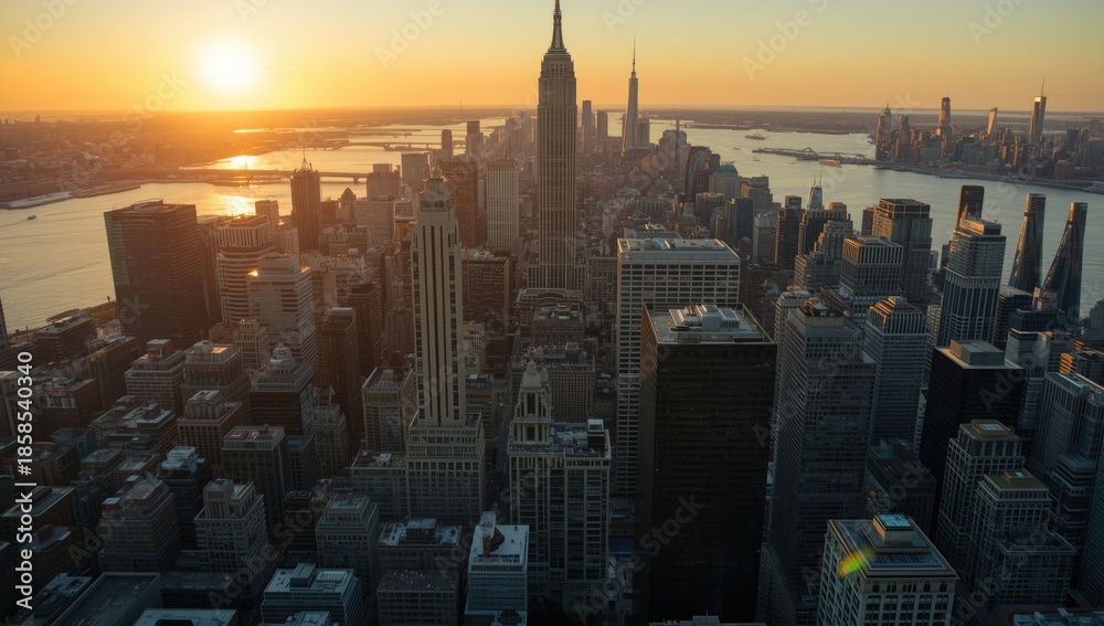 Obraz premium Birds-eye perspective of a contemporary urban area featuring tall office towers during sunset, highlighting cityscape density