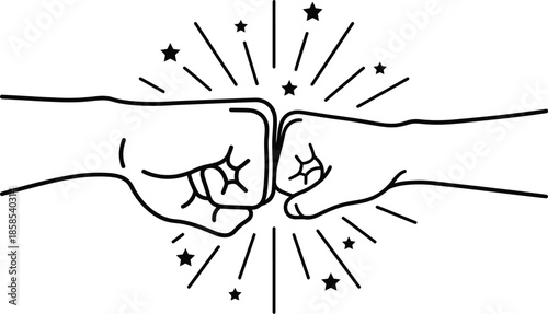 Two Hands Fist Bump with Starburst Line Art Illustration Isolated on White