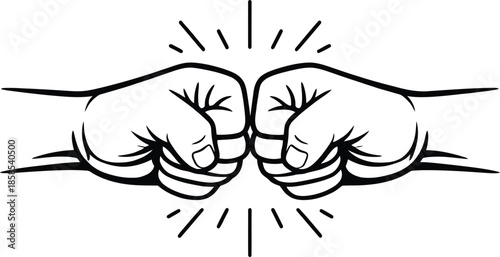 Classic Fist Bump Hand Gesture Line Illustration with Impact Lines on White Background