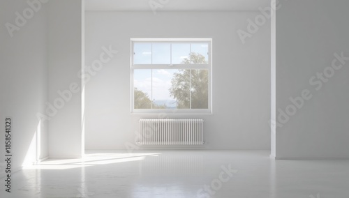Interior space with plastic window and radiator on a white wall, used for architectural or renovation projects