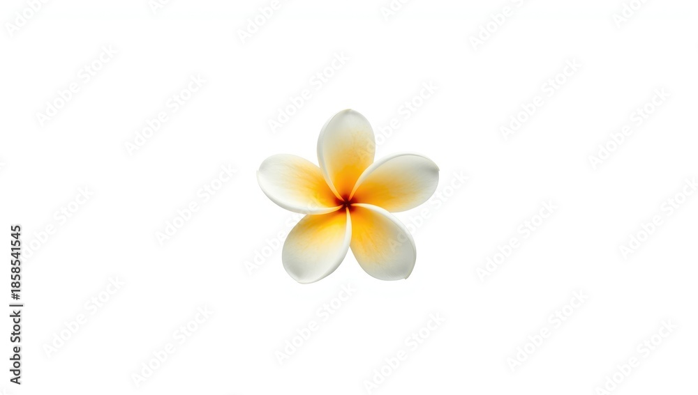Naklejka premium Single plumeria flower with white and yellow petals highlighting floral details, ideal for botanical layouts