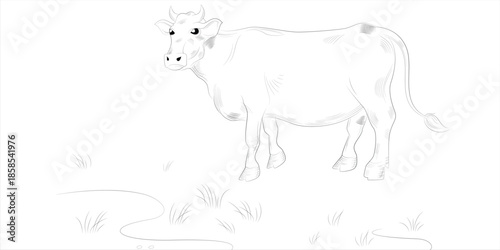 Simple Sketch Of A Cow Standing In A Field With Grass And A Small Stream