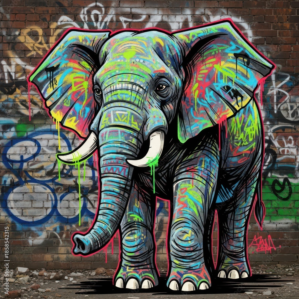 Fototapeta premium Vibrant elephant illustration featuring dripping paint applied over a brick wall background