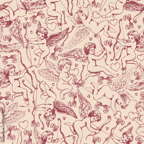 Vintage Cherub Burgundy Seamless Pattern