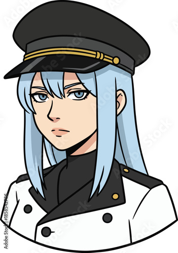 Blue Haired Anime Girl in White Military Uniform and Captain Hat Portrait